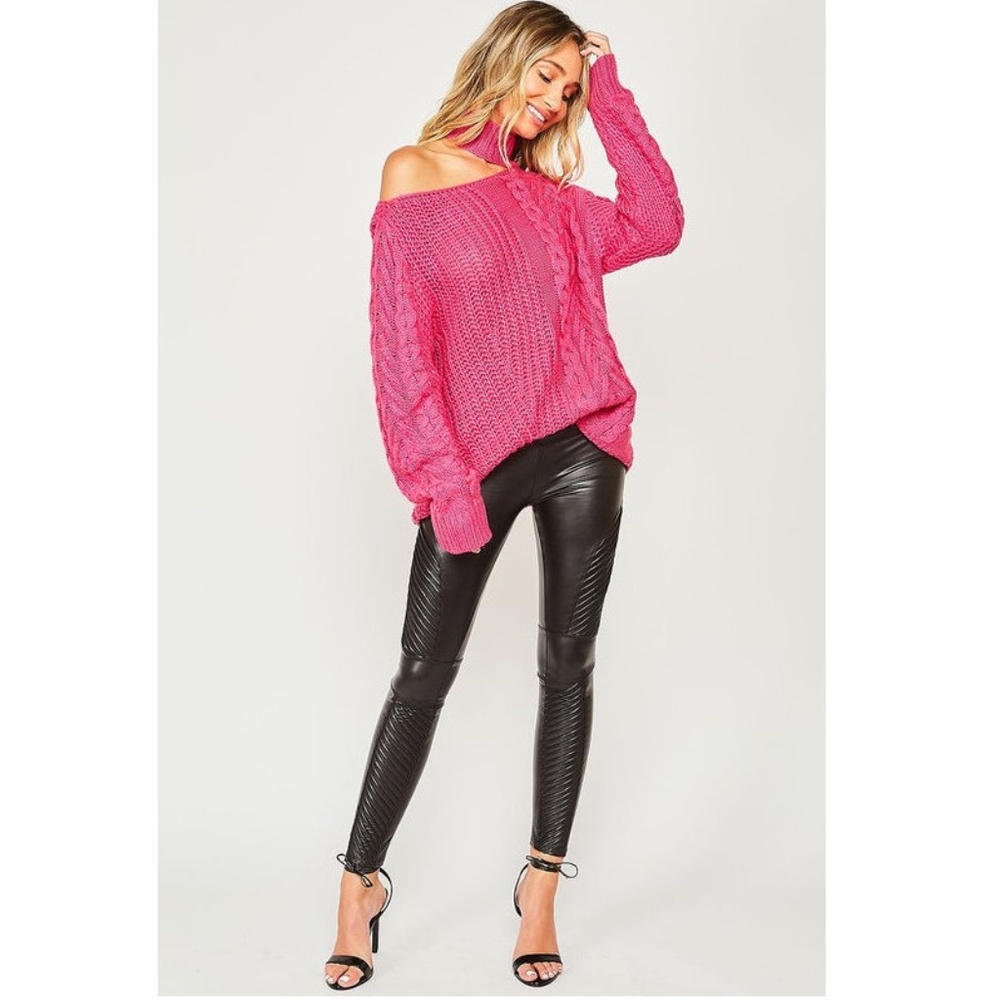 NEW Open Shoulder Choker Neck Chunky Cable Sweater - Picture 4 of 8